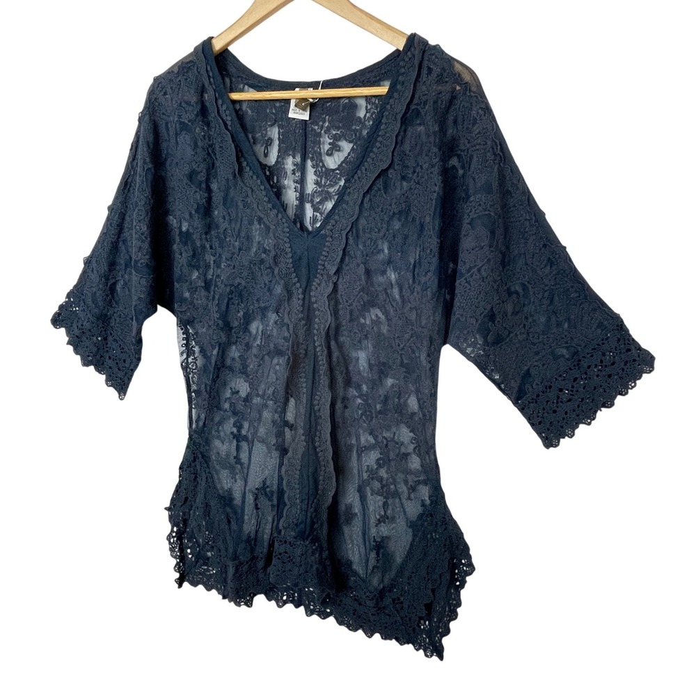XCVI Boho Blue Floral Lace Sheer V-Neck Tunic Top Womens L Crochet Fairy Grunge - Picture 2 of 8